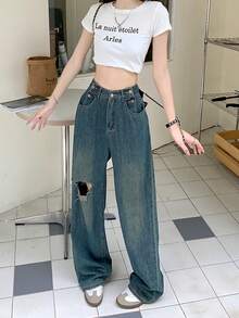 American Style Distressed Denim Jeans Women's Summer Design Vintage Loose Slouchy Wide Leg Long Pants - Blue - View 2