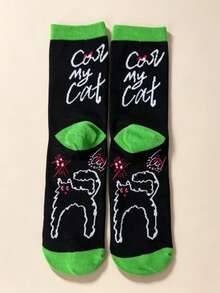 1 Pair, Multiple Style Options, Women's Fun Black Cat Pattern Crew Socks, Vintage Street Style Letter Print Mid-Calf Socks, Y2K Punk Neon Green Ankle Casual Fashion Socks, Novel Daily Wear Socks - Multicolor - View 8