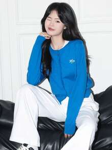 [Y6Y]Women's Solid Color Knitted Button Cardigan, Long Sleeve Letter Embroidery Loose Fit Thin Jacket, Autumn/Winter - Blue - View 1