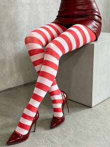 Halloween Horror Season Cosplay Essential Red & White Striped Opaque Tights Halloween Costume Leggings - Multicolor - View 4