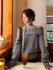 Autumn/Winter New Slouchy Off-Shoulder Cable Knit Sweater Halter Neck Ribbon Pullover Knit Top - Grey - View 3