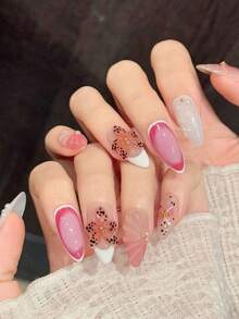 10pcs Handmade Medium Almond Shaped Nail Tips, Exquisite Fake Nails, [Floral Pink Ink] Splatter Decorated 3D Flowers, Fresh Carved Gentle Handmade Nail Stickers, Suitable For Women's Daily Wear Medium-Long Handmade Press-On Nails - Hot Pink - View 4