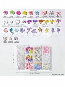 12格混色3D美甲飾品套組，樹脂蝴蝶結蝴蝶花朵愛心美甲水鑽珍珠，可愛多色美甲藝術裝飾DIY美甲用品 - 彩色 - 查看 7