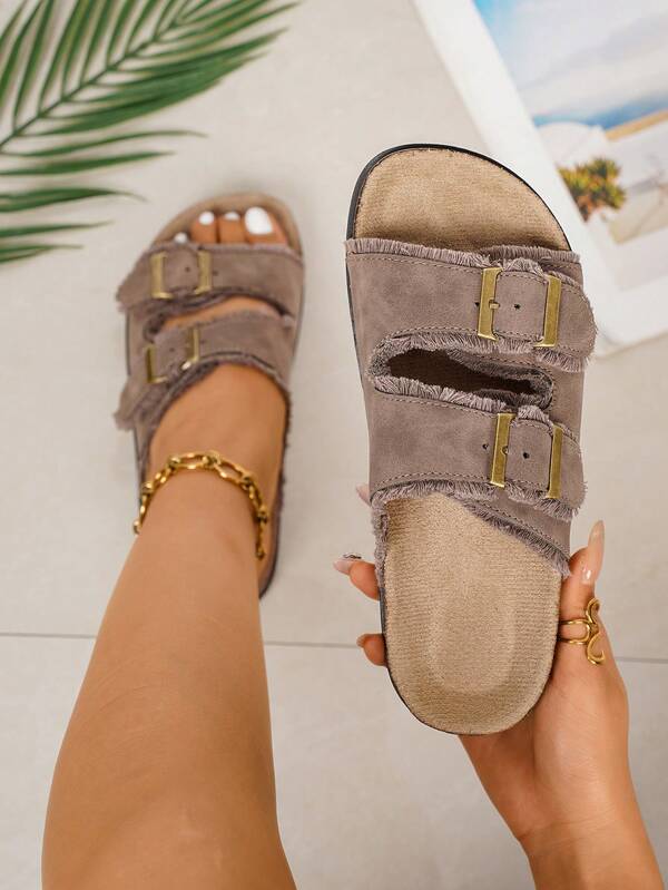 Summer New Casual Women's Flat Sandals, Tassel And Adjustable Metal Buckle Design, Round Toe Open Toe And Comfortable Soft Sole Women's Summer Slippers, Suitable For Daily Commute Casual Style Women's Summer Sandals, Can Be Matched With Any Outfit Women's Brown Sandals