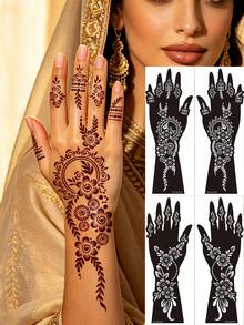 4pcs Henna Tattoo Stencil Set For Left & Right Hands, Traditional Floral Wreath + Fresh Flower Designs, Suitable For Wedding, Eid, Islamic Festivals, Music Festivals, Photoshoot - Black - View 11