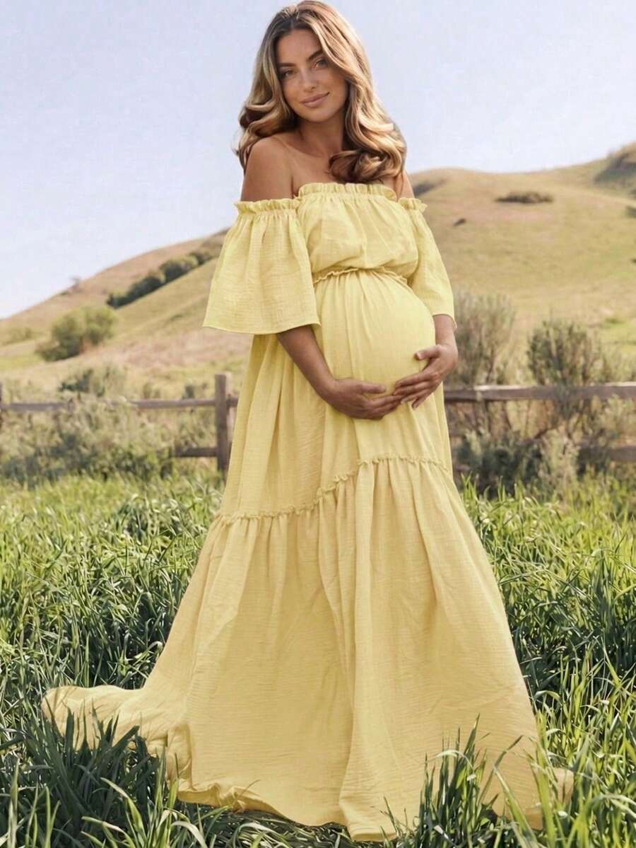 Maternity Off-Shoulder Layered Short Sleeve Chiffon Fabric Slightly Elastic Long Dress, Ruffle Hem Train Skirt Yellow - Yellow - View 1