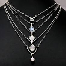 Fashionable Minimalist Fresh Butterfly Shell Oval Pearl Small Round Women's Pendant 5-Piece Set, Daily Casual, Party, Versatile, Can Be Layered Or Worn Individually - Silver - View 6