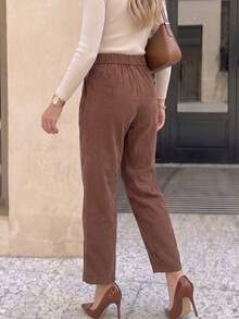 1pc Women's Solid Color Fine Corduroy High Waist Ankle Pants, Front Double Pleated Pockets, Daily Commuting - Coffee Brown - View 3