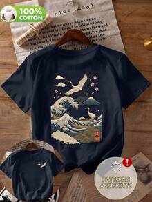 Women's Navy Blue Crane & Wave Embroidery Cotton Casual Round Neck Short Sleeve Top, Suitable For Spring, Summer And Autumn - Navy Blue - View 5