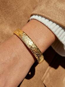 S SHOPBOHO 1pc Vintage Chunky Gold Bangle Flower Pattern Engraved Cuff Bangle Bracelet Stainless Steel Jewelry Precious Gift For Her - Vintage - View 2