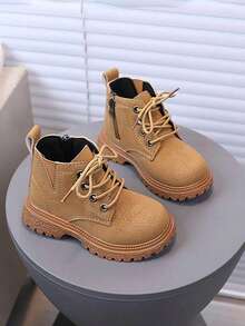 1 Pair Kids Spring Autumn Boots, New Style Boys & Girls Boots, Side Zipper Thick Sole Anti-Slip Wear-Resistant, Versatile Fashion Boots For Toddlers - Brown - View 1