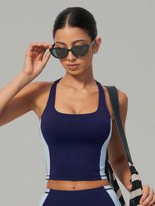 Sodalemon Women's Colorblock Fitness Running Sports Tank Top, Racerback With Removable Padding, Elastic Workout Top, Suitable For Pilates Yoga Exercise - Blue - View 4