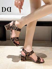 Women Square Open Toe Leopard Print Block Heel Sandals, Adjustable Ankle Buckle Strap Dress Party Daily Wear Heel Shoes - Leopard Print - View 3