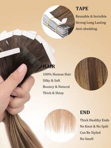 JIAMEISI Remy Human Hair Tape-In Extensions, Gradient Medium Brown To Beige Gold, 20pcs/Pack, Seamless Hair Extensions For Women - S4/18 - View 3