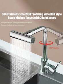 Stainless Steel Kitchen Faucet With Waterfall Function, Single Handle 4-Mode Hot & Cold Water Tap, High Arc Spout With 360° Swivel, Dual Control Handle Anti-Splash Design, Modern Bohemian Style, Durable Stainless Steel Material, Single Hole Installation, Includes Installation Hardware, Perfect For Kitchen And Bathroom Sinks, Essential Modern Home Accessory, Ideal Holiday Gift And Home Renovation Choice - Silver - View 8