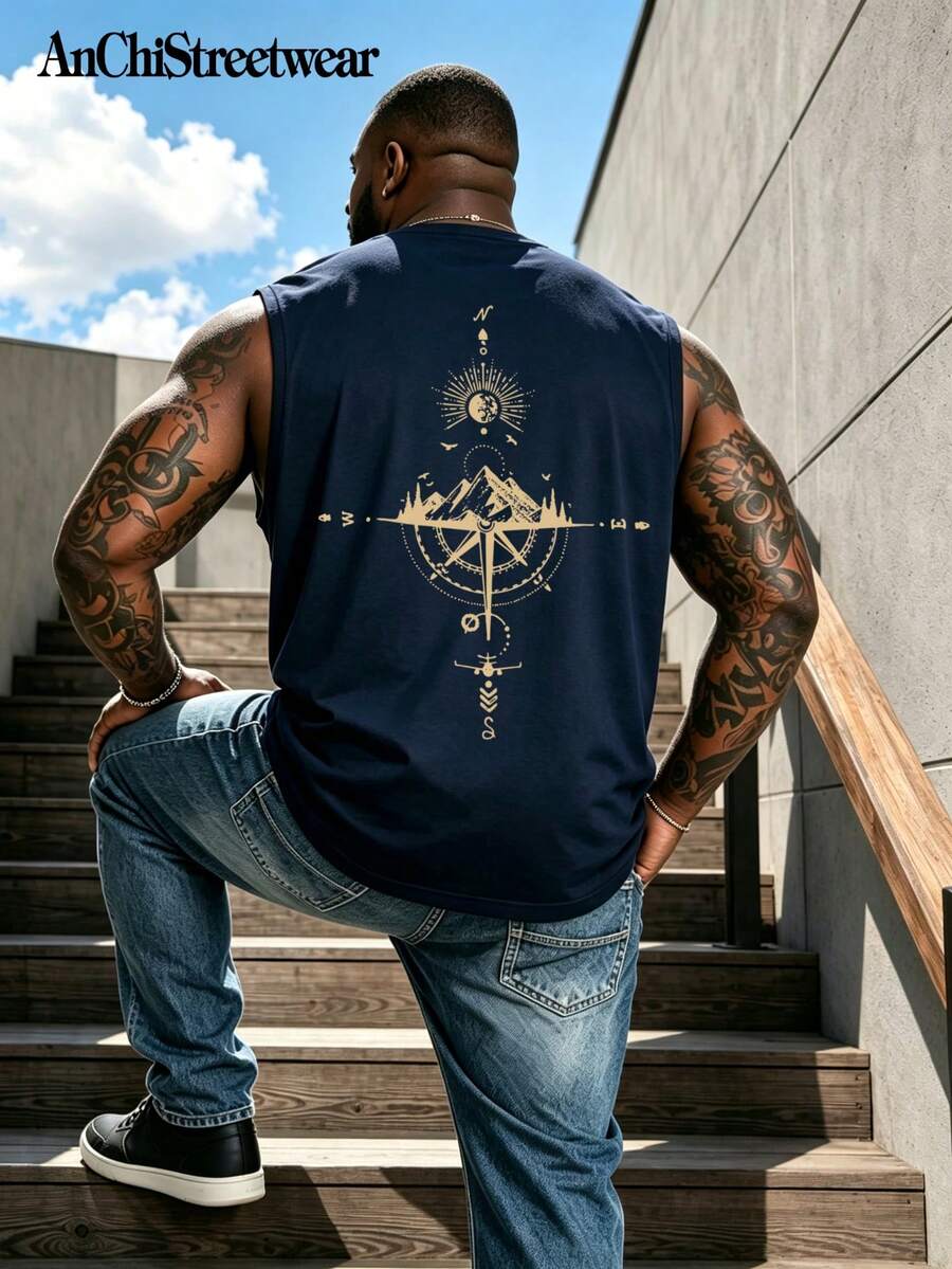 AnChiStreetwear - 大码男士时尚指南针山印花休闲无袖背心,适合街头穿搭、户外活动、度假、日常健身和通勤。 - 藏蓝色 - 查看 1