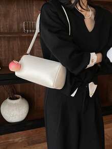 女款圓筒肩背包 素色人造皮革 拉鍊設計 可調節肩帶 極簡風 日常休閒 女用斜挎包（不含吊飾） - 白色 - 查看 5