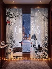 2件裝聖誕裝飾窗簾，雪人、聖誕樹、雪花、雪景與Merry Christmas文字設計，2D平面 60*150cm 聚酯纖維材質聖誕掛飾窗簾，可用作門簾裝飾，可機洗，聖誕節裝飾，聖誕裝飾，聖誕飾品，適合裝飾客廳、餐廳、臥室、書房、廚房和浴室（不含窗簾桿），聖誕攝影道具，節日居家裝飾 - 彩色 - 查看 10