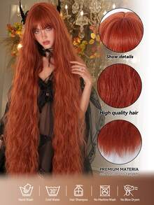 Topshe Copper Red 45 Inch Extra Long Curly Synthetic Wig With Bangs, Burnt Orange Wavy Soft Heat-Resistant Full Head Wig, Suitable For Women Halloween Cosplay Party Daily Wear, Perfect Choice For Lolita Style - Multicolor - View 3