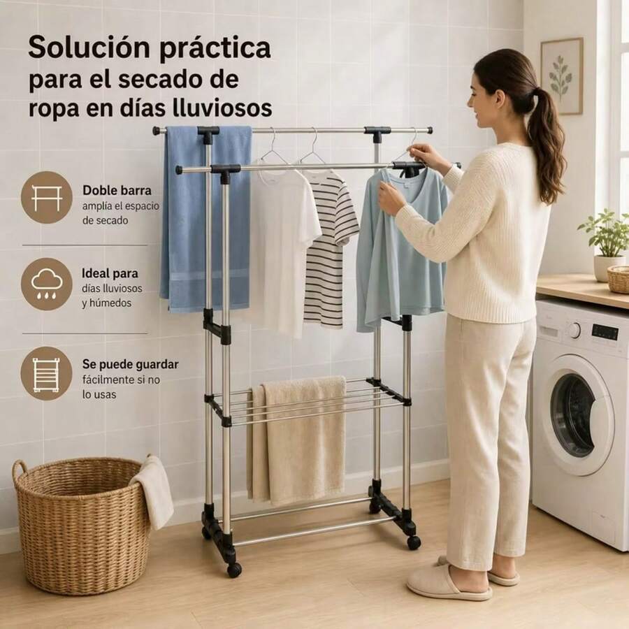 Double Rail Stainless Steel Garment Rack With Wheels And Adjustable Height, Extendable Clothes Drying Rack With Bottom Shoe Shelf, Bedroom And Balcony Organizer - A - 查看 1