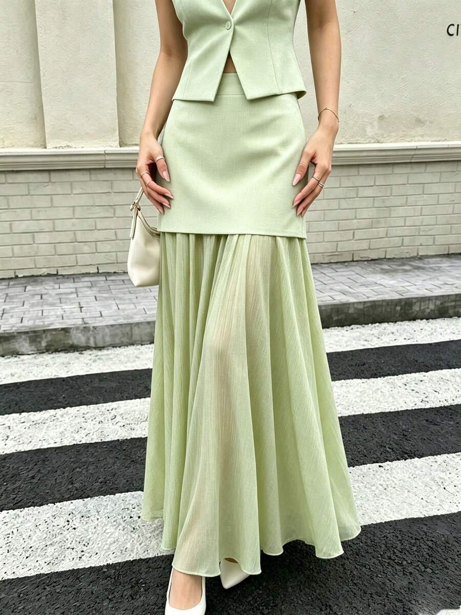Seelio 春夏新款時尚百搭女款針織百褶拼接裙 - 草綠 - 查看 1