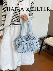 CHAIKA & KILTER 1件裝拼色PU布料托特包，女款時尚單肩托特包，滿版波點圖案，雙手柄設計，拉鍊開合，肩帶裝飾，適合日常與街頭使用 - 淺藍色 - 查看 8