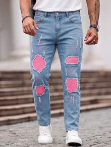 1pc Men's Distressed Denim Jeans, Multi-Craft Design, Street Style, Fashion - Light Wash - View 4