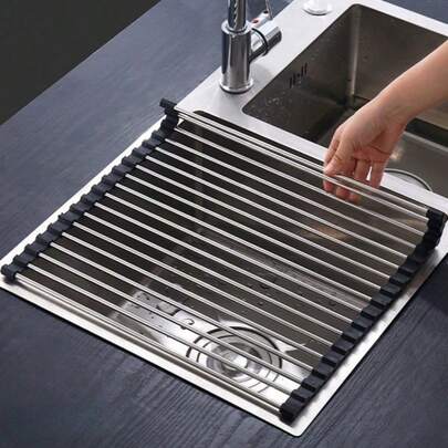 1pc Stainless Steel Expandable Dish Rack, Can Be Placed Over Sink, Black And Gray, With Adjustable Arms, A Fully Functional Kitchen Sink Storage Rack, Suitable For Vegetables And Fruits Kitchen Utensils Set, Can Be Used In Kitchen And Bathroom, A Great Gift For New Year And Christmas