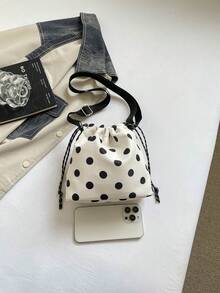 1pc Nylon Solid Color Drawstring Bucket Bag With Plush Charm Accessory, Fashion Crossbody Shoulder Bag For Women - White - View 4