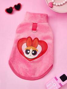 THE POWERPUFF GIRLS X PETSIN 1件绣花大眼女孩爱宠物猫狗通用保暖舒适无袖外套，配玫瑰红牵引扣，秋冬加厚绒毛外套 - 玫紅色 - 查看 2