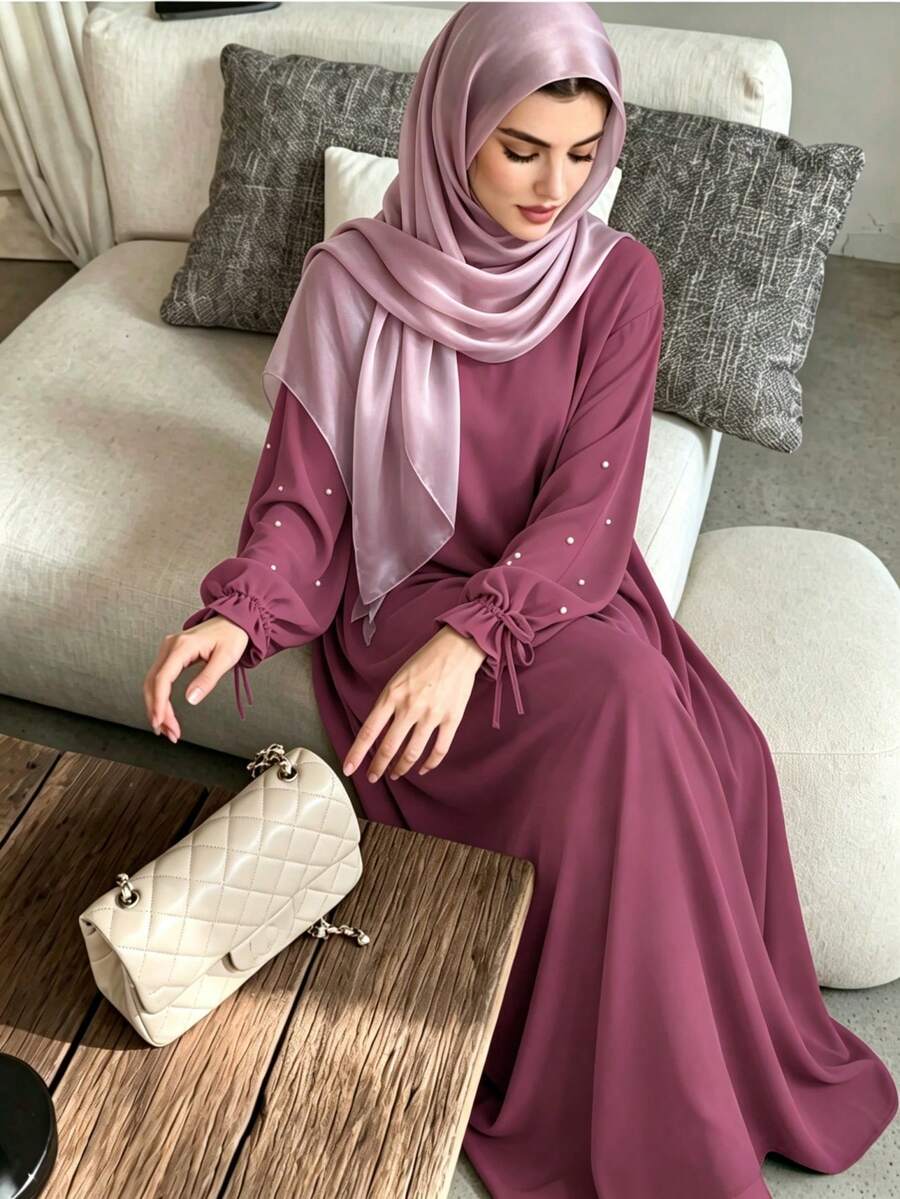 1pc Women's Daily Commute Versatile Abaya Dress With Drawstring Cuffs And Beaded Design, Suitable For Daily Outings And Friends Gatherings - Multicolor - View 1