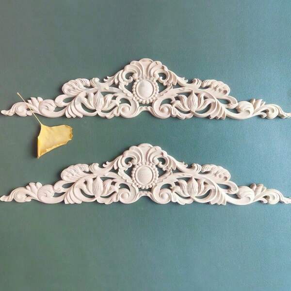 2pcs Solid Wood 2D Wooden Applique Home Decor, Unpainted Wood Material, Woodworking Supplies, Exquisite 2D Applique, Suitable For Cabinets, Doors & Windows, Furniture, Background Walls, Entryways, Offices And More, Holiday Decoration, DIY 2D Decoration, Decorative Molding