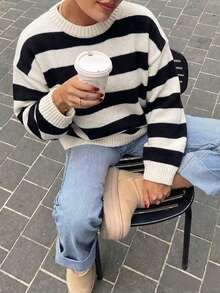 Women's Classic Black And White Striped Loose Sweater, Versatile Knit Top For Daily Commute, Outerwear And Layering Fall - Black and White - View 6