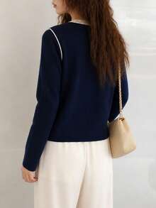 Jaket Sweater Rajut Cardigan Minimalis Kasual Musim Gugur/Dingin Wanita - Navy Blue - View 2
