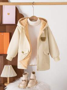 Young Girl Autumn/Winter Fashion Comfortable Fabric Patchwork Soft Thermal Lining, Exquisite Bear Embroidery Decoration, Hooded Zipper Raglan Sleeve With Real Pockets Thermal-Lined College Style Jacket - Champagne - View 2