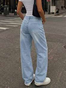 Pantalones rectos de mezclilla sin estiramiento con roturas para mujer, lavado claro, adecuados para uso casual y de fiesta en otoño - Azul - Ver 3