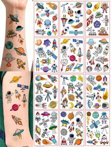 12pcs Cartoon Space Rocket Temporary Waterproof Tattoo Stickers, Astronaut Realistic Tattoo Decals, Fun Party Gifts - Multicolor - View 1