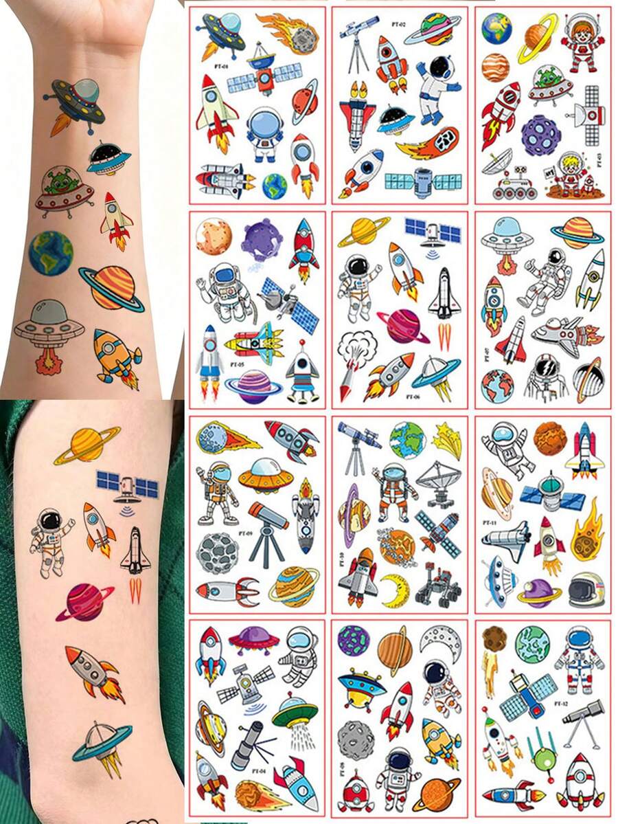 12pcs Cartoon Space Rocket Temporary Waterproof Tattoo Stickers, Astronaut Realistic Tattoo Decals, Fun Party Gifts - Multicolor - View 1