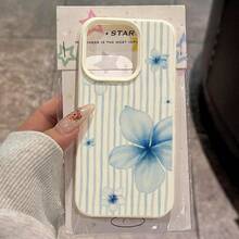 1 buah Casing Ponsel Bahan TPU Motif Bunga Garis-garis Biru Muda Kompatibel dengan iPhone 17 Pro Max/17/16 Pro Max/15/13/12/11/ S20 FE/A15/S24/A55/ Note 11/Note 12/Note 13 Pro Pelindung Lembut Anti Jatuh Cakupan Penuh - Putih - View 1