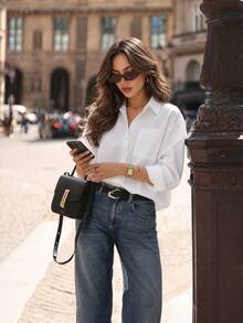 QIANZHIDU Elva 女款秋季寬鬆落肩翻領長袖襯衫，適合通勤、街頭風、日常出遊、辦公室、度假、咖啡廳、購物、情人節、新年、春節 - 白色 - 查看 6