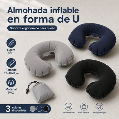 Almohada de Viaje Inflable en Forma de U para Soporte Cervical, Cojín Portátil de Plástico Suave para Cuello en Avión, Tren y Coche, Diseño Ergonómico y Plegable, Color Azul Marino