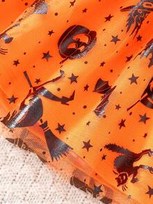 Halloween Baby Girl Spring/Autumn Party Cartoon Pumpkin Mesh Full Print Embroidered Long Sleeve Bodysuit + Skirt 2pcs Set - Orange - View 7