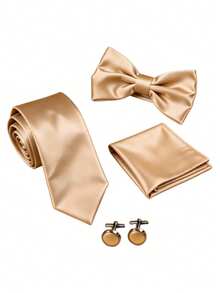 4pcs Men's Business Fashion Versatile Solid Color Polyester Tie & Three-Fold Bow Tie & Pocket Square & Cufflinks Set Suitable For Wedding, Celebration And Daily Wear - Champagne - View 2