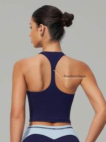 Sodalemon Women's Colorblock Fitness Running Sports Tank Top, Racerback With Removable Padding, Elastic Workout Top, Suitable For Pilates Yoga Exercise - Blue - View 1