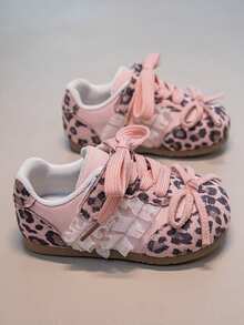 Vintage Leopard Print Patchwork Kids' Lace Trim Double Strap Princess Style Baby Soft Sole Functional Shoes - Pink - View 2