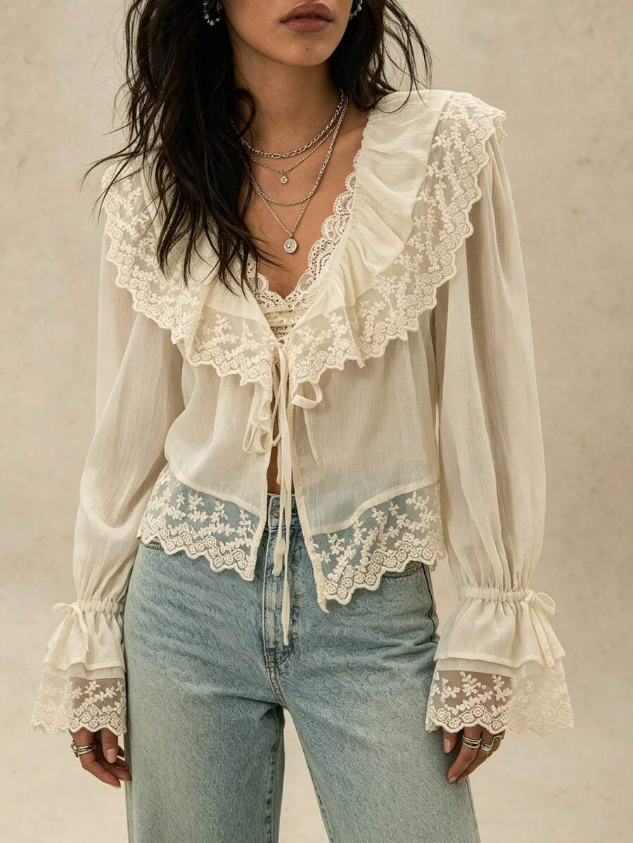 Dravelle Atasan Wanita Warna Polos dari Kain Tenun dengan Hiasan Ruffle/Flounce dan Tali Ikat untuk Kencan Malam dan Pakaian Kasual, Musim Semi/Gugur - putih pucat - View 1