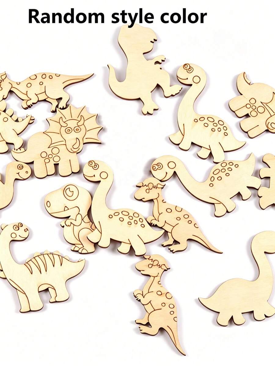 25/50pcs DIY Wooden Cartoon Dinosaur Craft Kit - Unfinished Hollow Cutout Painting & Decoration, Perfect For Home, Wedding, Party And Birthday Use, Random Style & Color