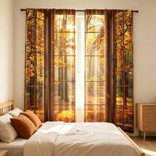 2pcs Autumn Forest Landscape Printed Window Curtains, Nature Tree Scenery Design, Light Filtering Polyester Rod Pocket Curtains For Bedroom Living Room Home Decor - Multicolor - View 10