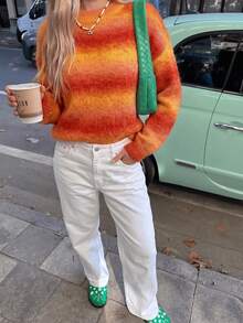 Women's Gradient Orange Fuzzy Crew Neck Knit Sweater, Loose Long Sleeve Casual Autumn Winter Pullover Top - Orange - View 5