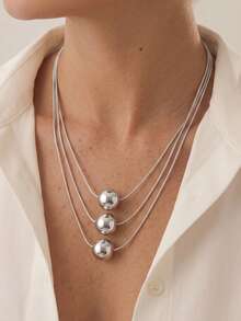 1pc Fashionable Exquisite 3-Layer Flat Snake Chain Ball Layered Collarbone Necklace, Suitable For Women's Daily Wear, Holiday Gift And Birthday Gift - Silver - Round Snake Chain - View 1